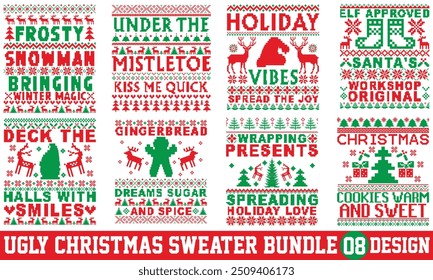 Ugly Christmas Sweater T-shirt Design Bundle, Calligraphy Style T-shirt Design, EPS, Files for Cutting, Ideal for Bags, Cups, Cards, EPS 10 Included