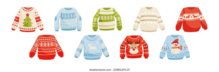 Ugly Christmas Sweaters and Cute Wool Jumper with Long Sleeves and Winter Ornament Vector Set