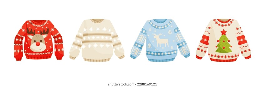 Ugly Christmas Sweaters and Cute Wool Jumper with Long Sleeves and Winter Ornament Vector Set