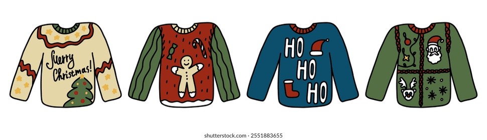 Ugly christmas sweaters doodle set. Cute jumpers for xmas party in cartoon style. Hand drawn illustration isolated on white background.