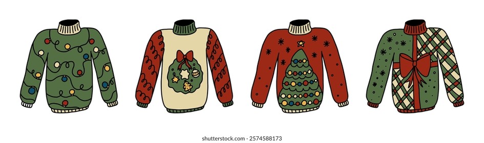 Ugly christmas sweaters doodle set. Cute red, green, beige jumpers for xmas party. Hand drawn illustration isolated on white background.