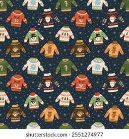 Ugly Christmas sweaters featuring Santa Claus, Christmas elves, reindeer, and snowmen vector seamless pattern design. For gift wrap, fabric design, scrapbook, wallpaper and more.