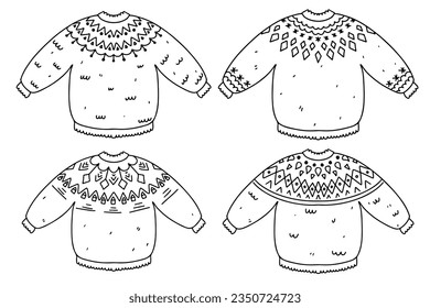 Ugly Christmas sweaters. Lopapeysa knitted jumpers. Hand drawn doodle style. Vector illustration isolated on white. Coloring page.