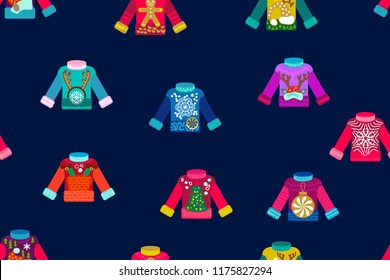 Ugly Christmas sweaters. Seamless vector pattern with colorful pullovers on dark blue background. Simple design for greeting cards and packaging.