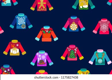 Ugly Christmas sweaters. Seamless vector pattern with colorful pullovers on black background. Simple design for greeting cards and packaging.