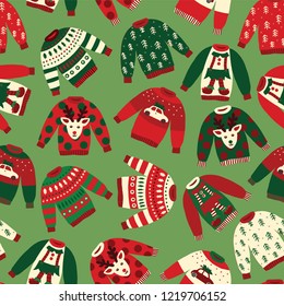 Ugly Christmas sweaters seamless vector pattern. Knitted winter jumpers with norwegian ornaments and decorations. Holiday background green, red, white for fabric, gift wrap, greeting cards, posters