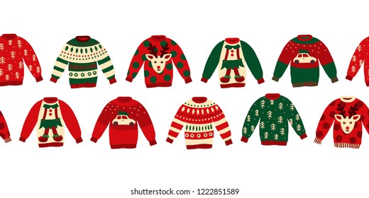 Ugly Christmas sweaters seamless vector border. Knitted winter jumpers with norwegian ornaments and decorations. Holiday design green, red, white for party invitation, banner, greeting cards, posters