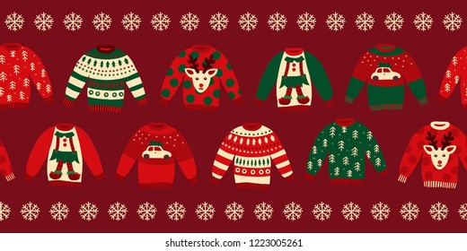 Ugly Christmas sweaters seamless vector border. Knitted winter jumpers with norwegian ornaments and decorations. Holiday design green, red, white for party invitation, banner, greeting cards, posters