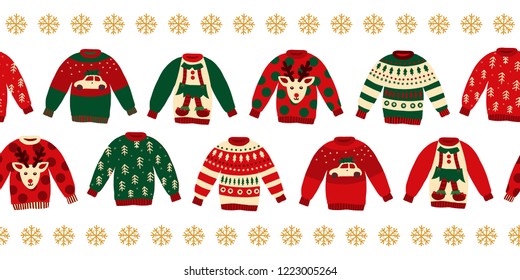 Ugly Christmas sweaters seamless vector border. Knitted winter jumpers with norwegian ornaments and decorations. Holiday design green, red, white for party invitation, banner, greeting cards, posters