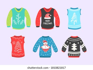 Ugly Christmas sweaters seamless vector border. Cute set of Christmas sweater isolated on a white background. Knitted winter jumpers with winter ornaments and decorations. Holiday design.