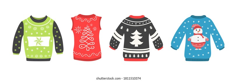 Ugly Christmas sweaters seamless vector border. Cute set of Christmas sweater isolated on a white background. Knitted winter jumpers with winter ornaments and decorations. Holiday design.