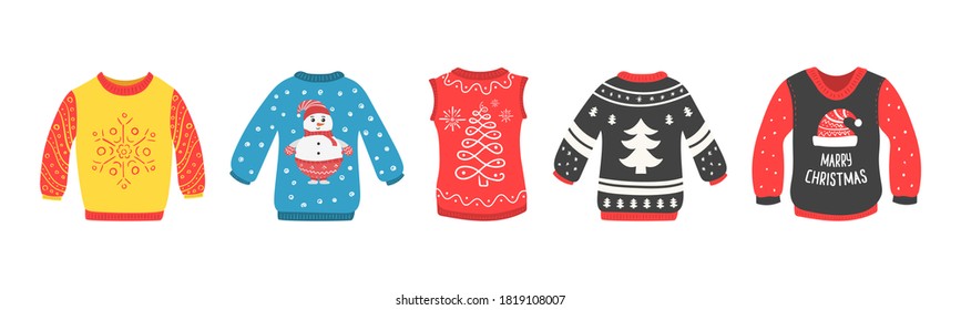 Ugly Christmas sweaters seamless vector border. Cute set of Christmas sweater isolated on a white background. Knitted winter jumpers with winter ornaments and decorations. Holiday design.