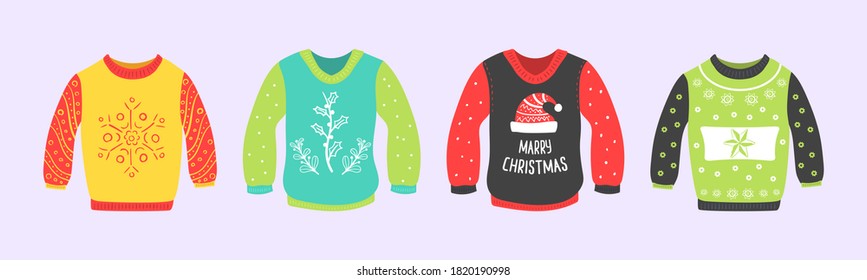 Ugly Christmas sweaters seamless vector border. Cute set of Christmas sweater isolated on a white background. Knitted winter jumpers with winter ornaments and decorations. Holiday design.