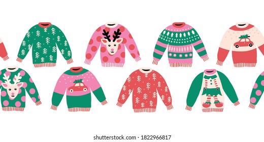 Ugly Christmas sweaters seamless vector border horizontal