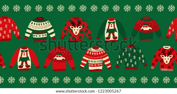 Ugly Christmas sweaters seamless vector border.\
Knitted winter jumpers with norwegian ornaments and decorations.\
Holiday design green, red, white for party invitation, banner,\
greeting cards, posters