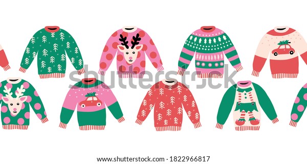 Ugly\
Christmas sweaters seamless vector border\
horizontal