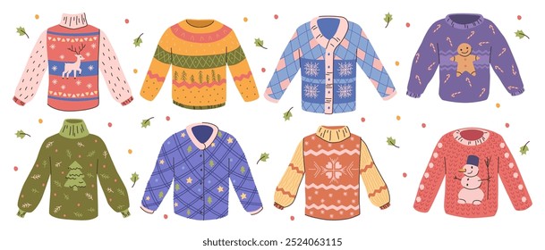 Ugly Christmas sweaters with seasonal winter patterns. Vector isolated set of fashionable clothing for cold weather. Wintry fashion and apparel for xmas holidays and celebrations snowflakes mistletoe