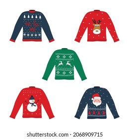 Ugly Christmas Sweaters set. Red, blue and green Christmas sweaters with deers, Santa Claus, snowman. Vector illustration.
