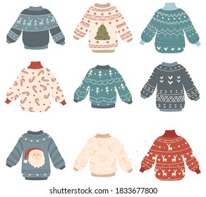 Ugly christmas sweaters supply. Cartoon cute woolen jumper. Traditional knitted clothes with different prints. Cute ugly christmas sweaters. Vector illustration