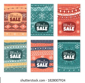 Ugly Christmas sweaters textures cards collection. Decorative cartoon style knitted banners for a winter sale. Traditional holiday patterns vector set
