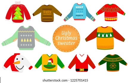 Ugly Christmas sweaters vector set in red and green colors, Sweater party clip art collection for invitations, Happy New Year greeting card template. Cute and funny vector illustration.