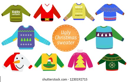 Ugly Christmas sweaters vector set, Sweater party clip art collection for invitations, Happy New Year greeting card template. Cute and funny vector illustration.