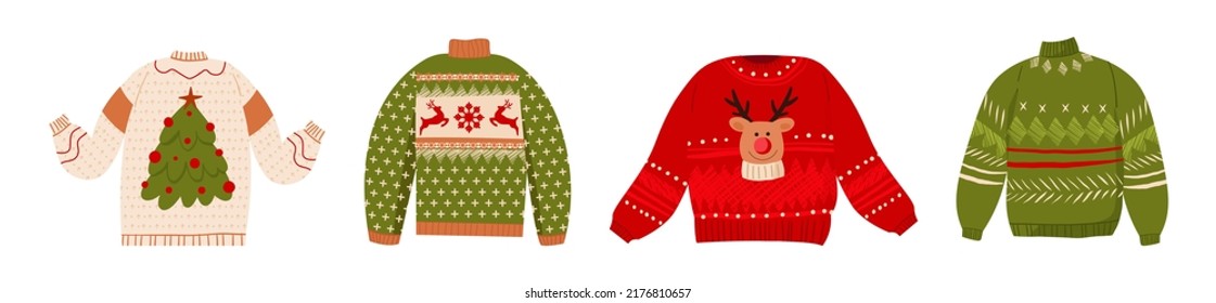 Ugly Christmas sweaters vector set. Cartoon cute wool jumpers with Norwegian ornaments. Knitted winter holidays pullover with funny reindeer, Christmas tree, snowflakes december clothing isolated icon