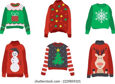 Ugly Christmas sweaters vector set. Christmas jumper day clothes.