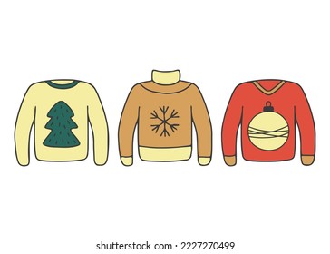 Ugly Christmas sweaters with winter holidays decoration, color doodle set. Knitted pullover, jumper with snowflake, tree and Christmas ball. Vector illustration