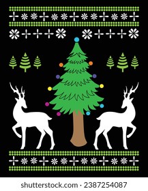 Ugly Christmas Sweatshirt Design; Merry Christmas Vector Graphic Design With Black Background