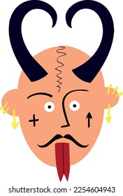 Ugly demon head. Bizarre demon face vector illustration in doodle style