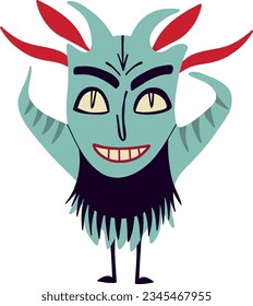 An ugly devil with big horns and a funny smiling face. Weird ugly Halloween characters. Cute quirky comic book characters in a modern flat hand-drawn style