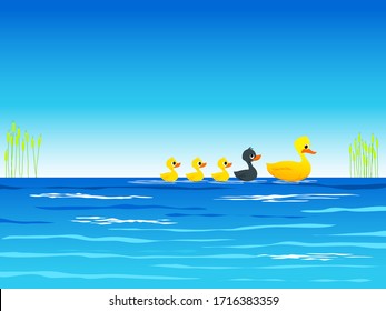 The Ugly Duckling- Aesop's Fairy Tale. Ducklings and Mother Duck Swimming.  Vectoral Illustration for Children Books, magazines, Web Pages and Blogs.