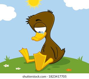 Ugly Duckling Cartoon Character Crying. Vector Illustration With Landscape Background