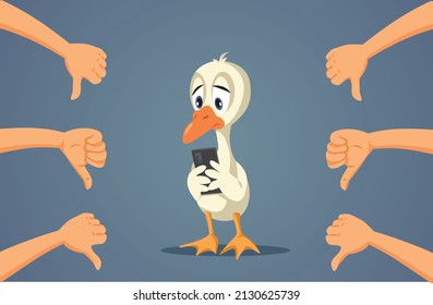 
Ugly Duckling Dealing with Online Bullying Vector Cartoon Illustration. Unhappy young swan being bullied online – fairytale character in modern concept illustration
