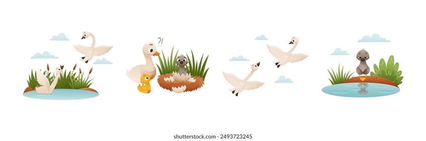 Ugly Duckling Fairy Tale with Little Birdie Vector Set