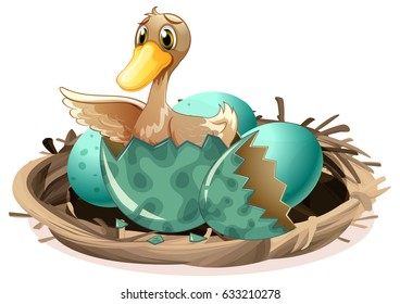 Ugly duckling hatching egg in nest illustration