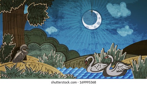 Ugly duckling looking at pair of swans. Illustration to fairy tale Ugly Duckling (Hans Christian Andersen). 