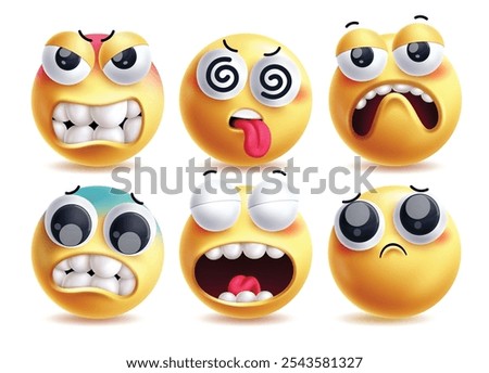 Ugly emoji clipart vector characters set. 3d emojis in unattractive, angry, dizzy, funny, afraid, cry and sad faces clip art in isolated background. Vector illustration ugly emoji collection set.
