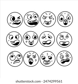 Ugly faces with bad emotions set. Hand drawn doodle style. Vector illustration isolated on white. Coloring page.