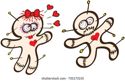 An ugly female voodoo doll is declaring its flame to a horrified male by showing red hearts. This male is feeling completely scared and don't hesitate to run away in a fully distressed mood