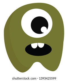 An ugly green monster with two teeth and a large eye vector color drawing or illustration