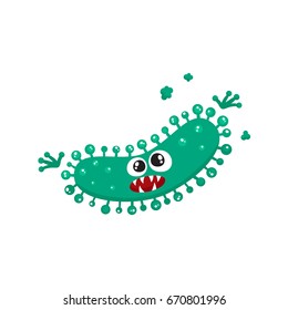 Ugly green virus, germ, bacteria character with human face, cartoon vector illustration on white background. Scary bacteria, virus, germ monster with human face and sharp teeth