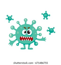 Ugly green virus, germ, bacteria character with human face, cartoon vector illustration on white background. Scary bacteria, virus, germ monster with human face and sharp teeth