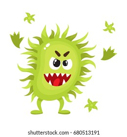 Ugly green virus, germ, bacteria character with human face, cartoon vector illustration on white background.