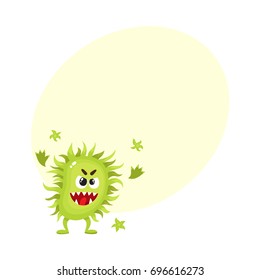 Ugly green virus, germ, bacteria character with human face, cartoon vector illustration with space for text. Scary bacteria, virus, germ monster with human face and sharp teeth