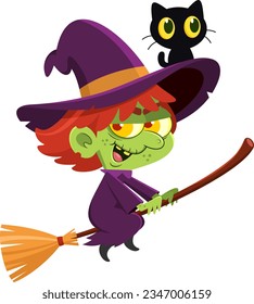 Ugly Halloween Witch Cartoon Character Flying On A Broom Stick And The Black Cat In The Hat. Vector Illustration Flat Design Isolated On Transparent Background