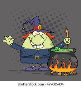 Ugly Halloween Witch Cartoon Mascot Character Preparing A Potion In A Cauldron. Vector Illustration With Halftone Background