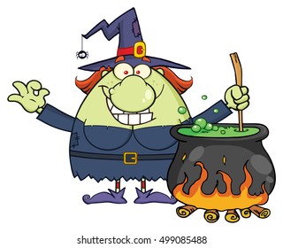 Ugly Halloween Witch Cartoon Mascot Character Preparing A Potion In A Cauldron. Vector Illustration Isolated On White Background