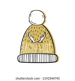 Ugly hat. Vector illustration in hand-drawn style. Christmas background
